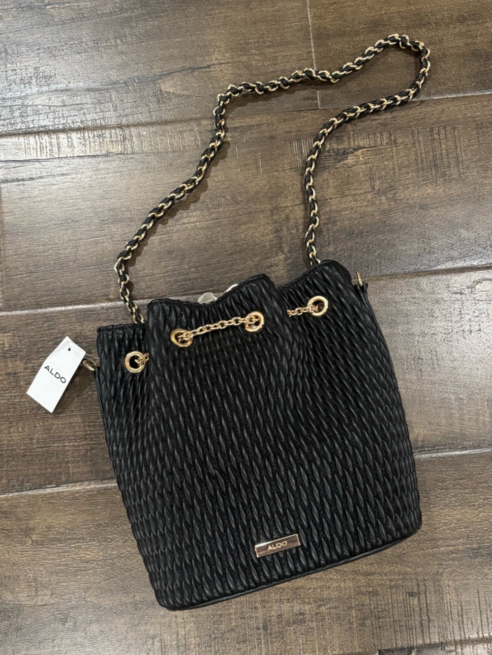 Aldo Black Woven Bucket Shoulder Bag with Gold Chain Detail